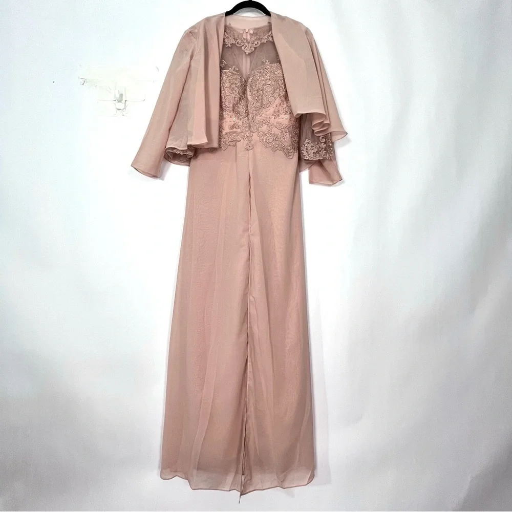 Dusty Rose Pants suit Jumper Romper with shrug Sheer Mesh Lace Top Sz 2 NWT
